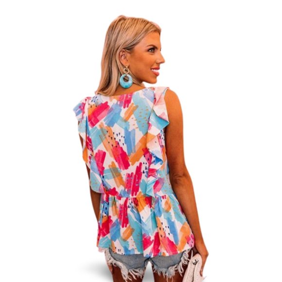 Multicolored Abstract Print V-Neck Ruffle Tank - Picture 2 of 2